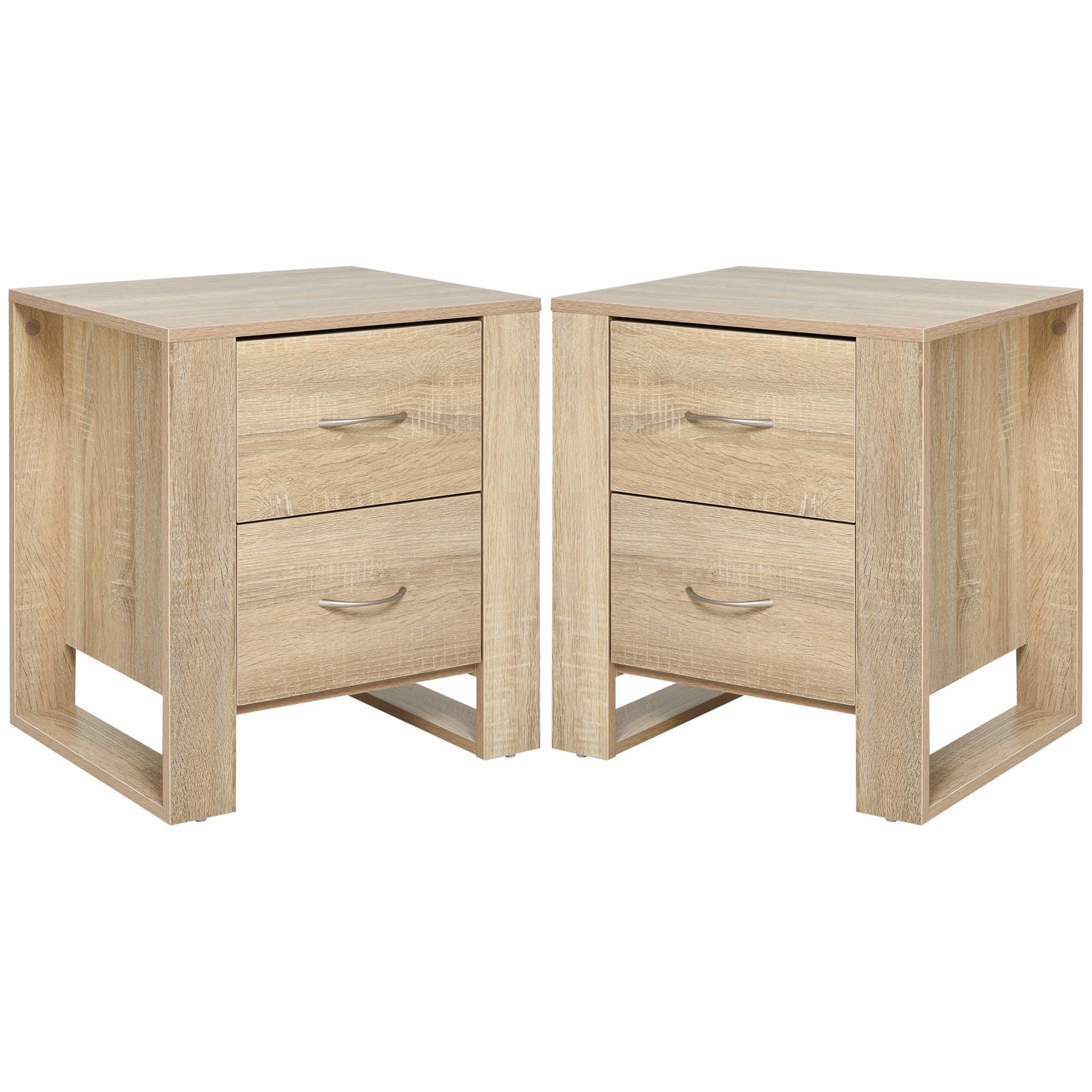 HOMCOM Bedside Table with 2 Drawers, Nightstand with Handles and Elevated Base, Side Table for Bedroom, Living Room, Set of 2, Brown